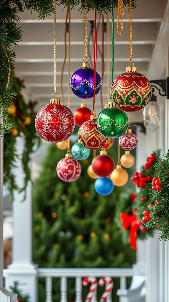 Colorful Christmas ornaments hanging from porch beams