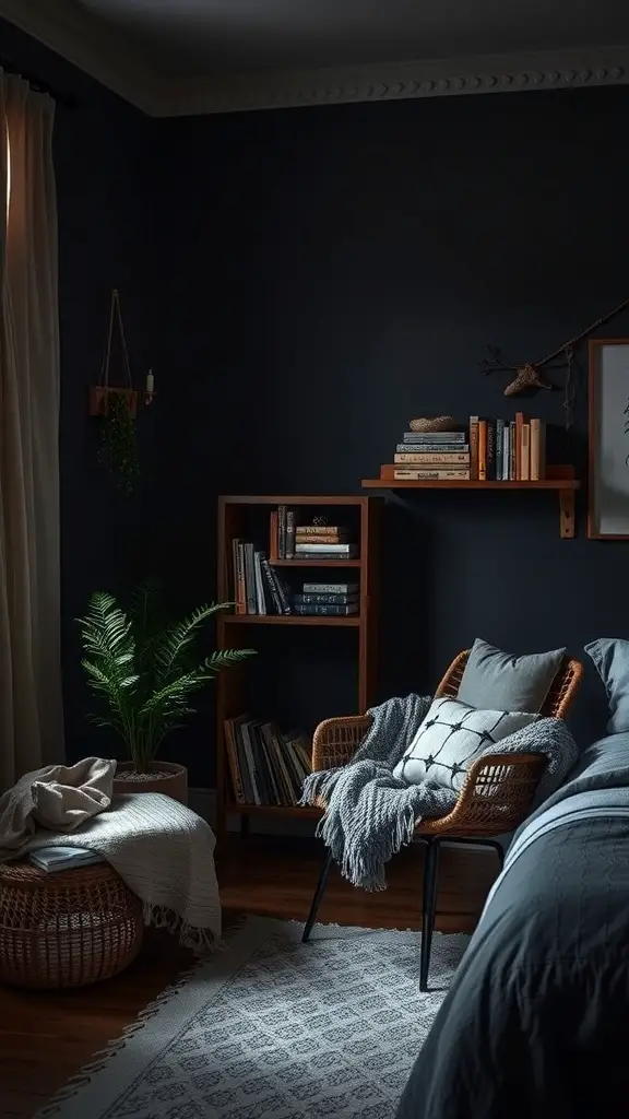 Cozy reading nook in a dark boho bedroom with a rattan chair, bookshelf, and plants.
