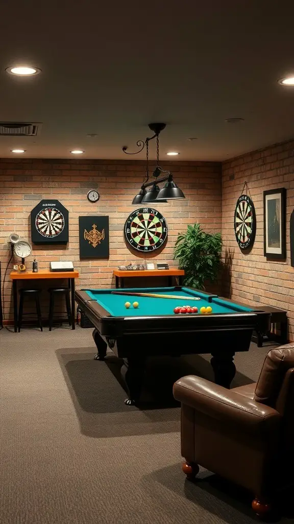 27+ Creative Open Basement Ideas You’ll Love 17 A cozy game room featuring a pool table, dartboards, and leather seating.