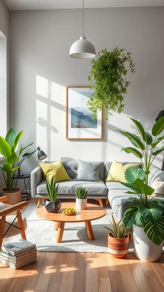 27+ Stunning Grey and Green Living Room Ideas 8 A stylish living room featuring a grey couch, green plants, and a wooden coffee table.