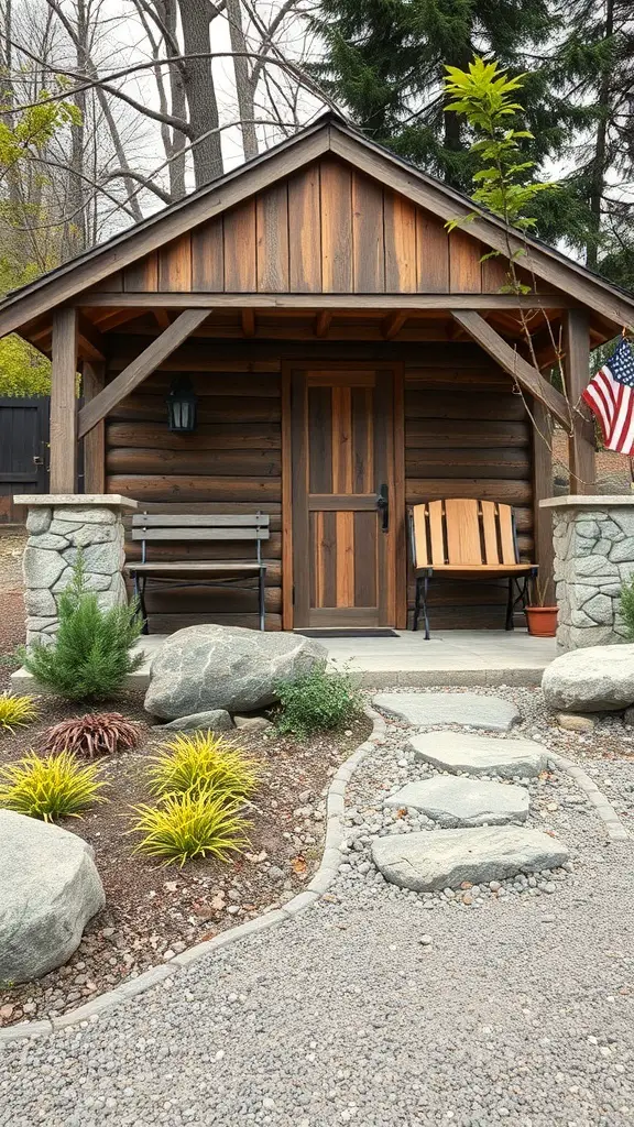 21+ Stunning Shed Landscaping Ideas to Transform Your Garden 6 A rustic wooden shed with stone accents, featuring a path of stepping stones and surrounding greenery.