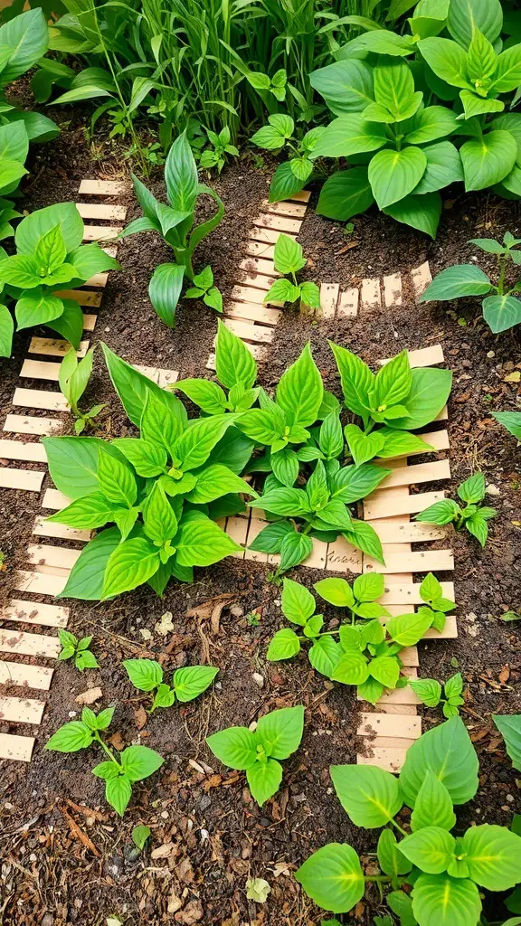 21+ Budget-Friendly Garden Ideas to Transform Your Outdoor Space 15 A garden bed with green plants and cardboard laid down for weed suppression.