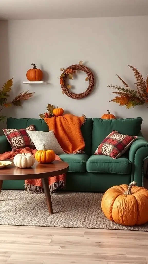 27+ Stunning Green Couch Living Room Ideas You’ll Love 13 A cozy living room featuring a green couch decorated with autumn-themed decor, including pumpkins and warm-colored throws.