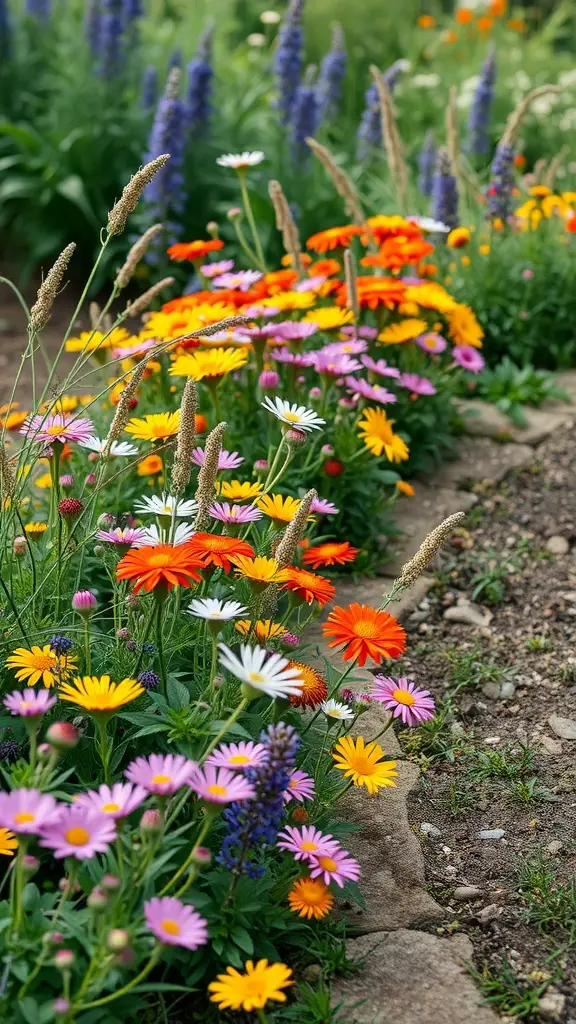 35+ Charming Small English Garden Ideas to Transform Your Outdoor Space 8 Colorful wildflowers in a garden border with a stone path