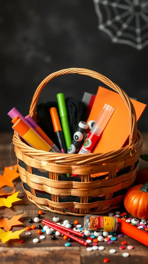 27+ Creative Boo Basket Ideas for a Spooktacular Surprise 11 A wicker basket filled with colorful craft supplies for Halloween, including markers, glue, and decorative items.
