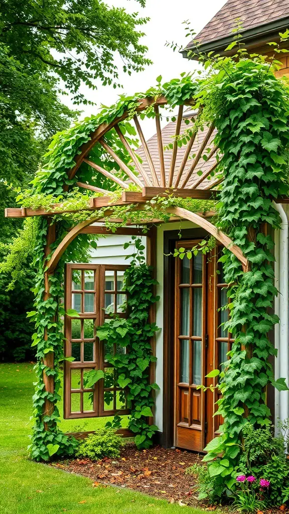 21+ Stunning Shed Landscaping Ideas to Transform Your Garden 9 A decorative wooden trellis covered with climbing plants next to a shed, enhancing the garden's aesthetic.