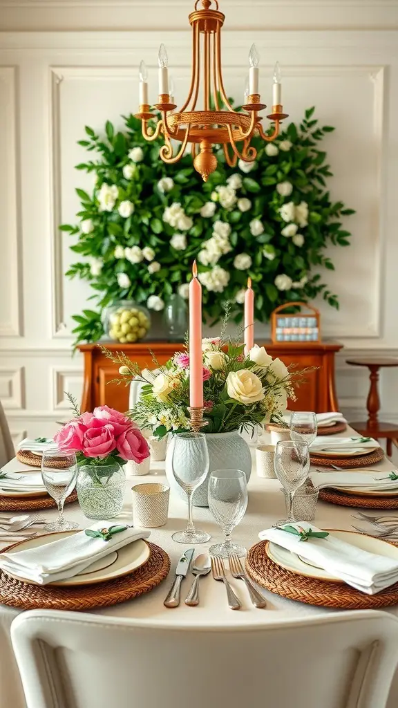 A beautifully set dining table with floral centerpiece, candles, and elegant dishware.