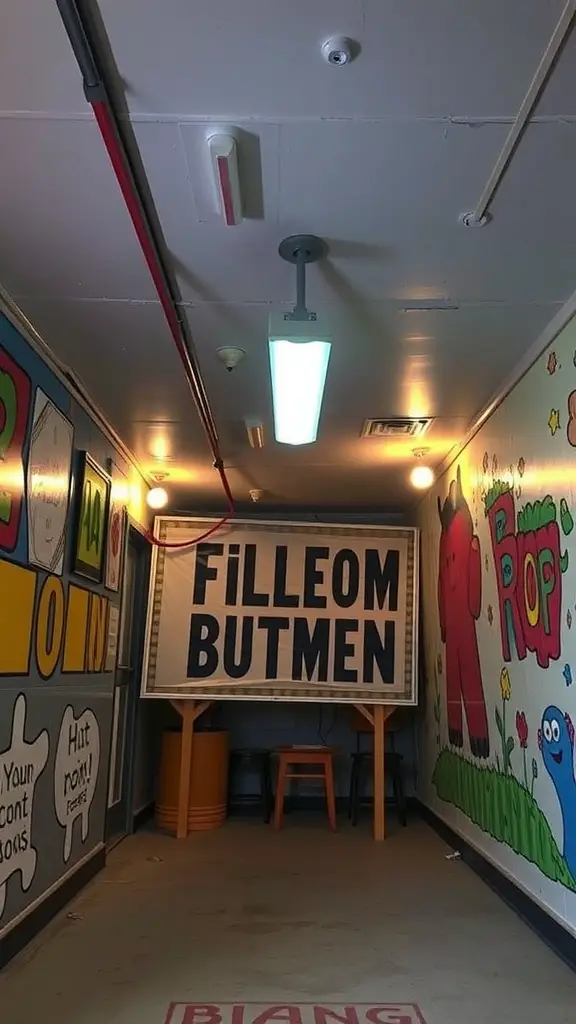 Colorful hallway with playful murals and a quirky sign