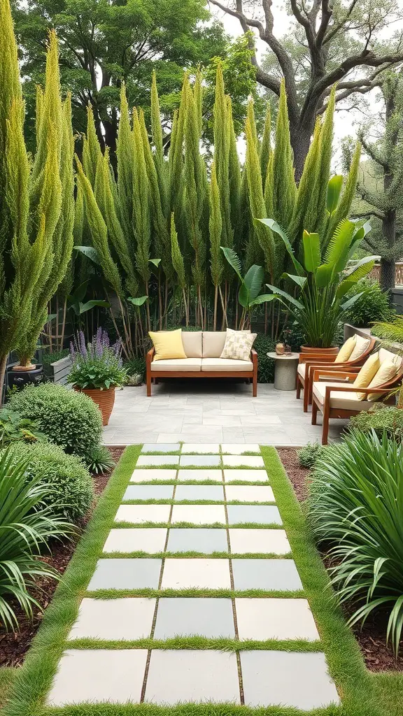 Cozy outdoor seating area surrounded by tall trees and lush plants