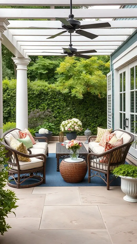 25+ Stunning Ralph Lauren-Inspired Interior Design Ideas 13 A stylish outdoor seating area with wicker furniture, colorful cushions, and lush greenery.