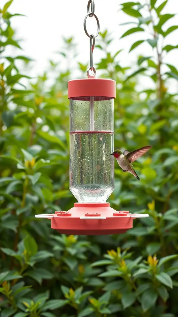 A hummingbird feeder made from PVC pipe, with a hummingbird approaching it.