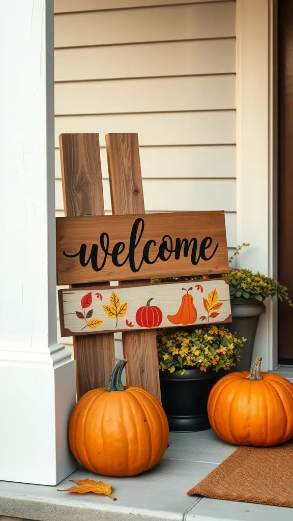 Harvest-themed welcome sign with pumpkins and autumn decorations on a porch