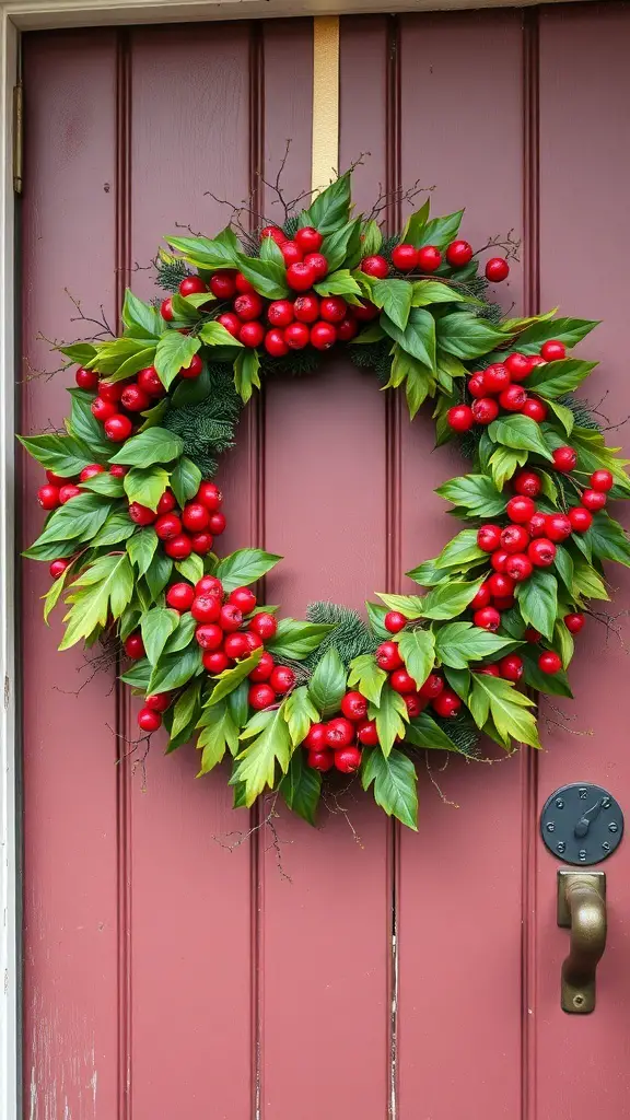 29+ Elegant Fall Wreaths to Enhance Your Home Decor 20 A vibrant mixed foliage and berry wreath with red berries and green leaves on a door.