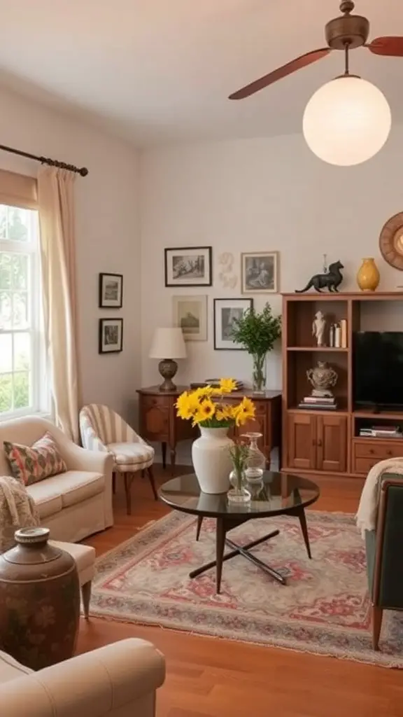 A vintage modern living room featuring a cozy setup with soft furniture, decorative accessories, and a striking painting.