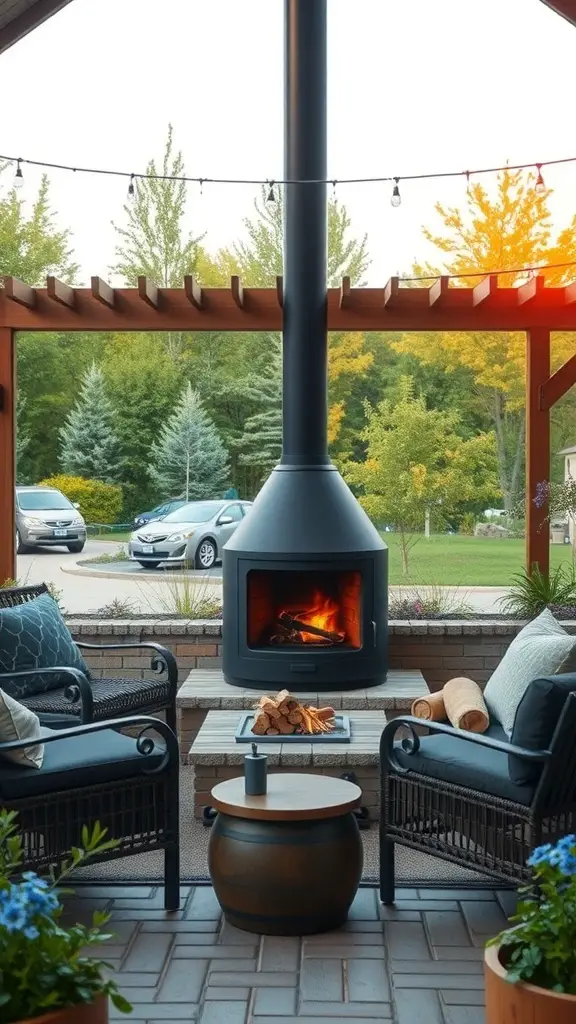 A modern outdoor wood stove installation with seating and greenery.