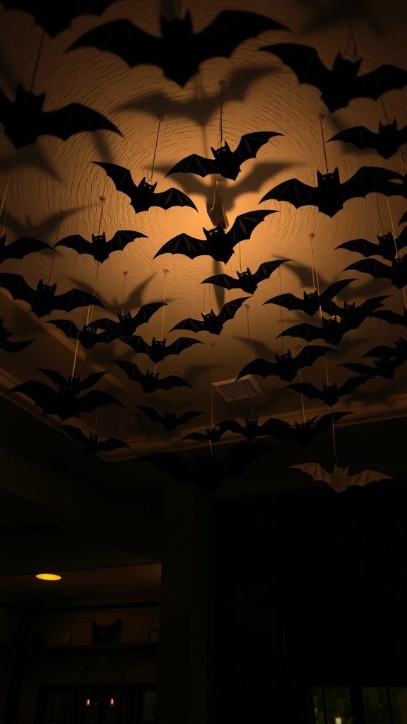 29+ Creative Halloween DIY Decorations to Scare Up Your Home 6 A ceiling filled with hanging black bat decorations, creating a spooky atmosphere.