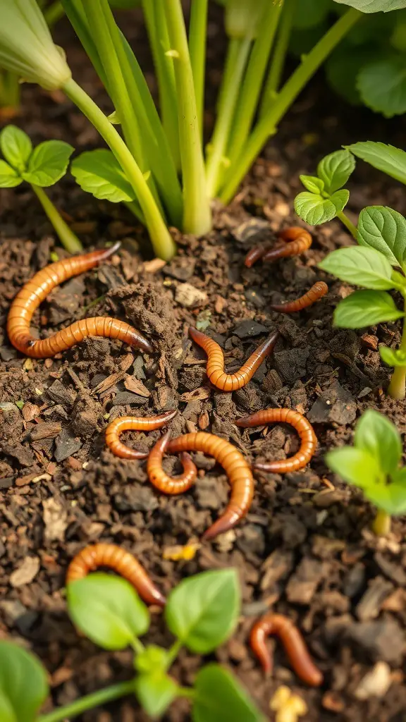 31+ Inspiring Bio Garden Ideas for a Sustainable Backyard 10 Close-up of soil with earthworms and young plants, showcasing healthy soil ecosystem.