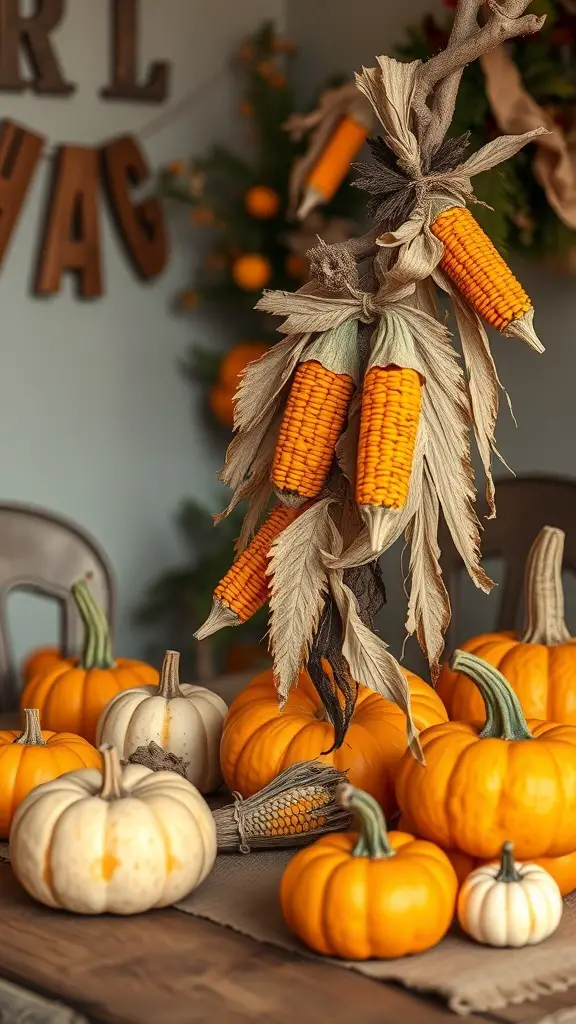 23+ Stunning Fall Garland Ideas for a Cozy Home Decor 8 A decorative arrangement of pumpkins and dried corn, showcasing the colors and textures of fall.
