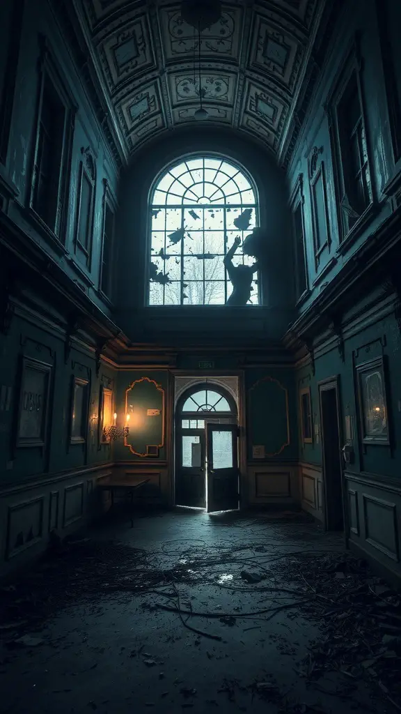 31+ Spooktacular Haunted House Ideas for Your Halloween Festival 12 An abandoned asylum hallway with broken windows and faded blue walls.