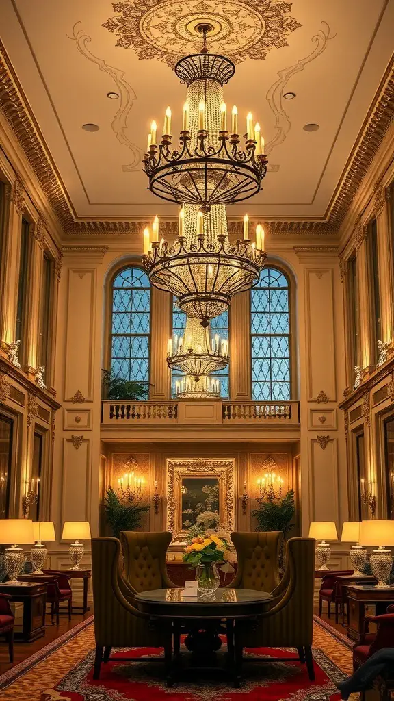 25+ Stunning Ralph Lauren-Inspired Interior Design Ideas 8 A luxurious interior featuring a grand chandelier and elegant seating.
