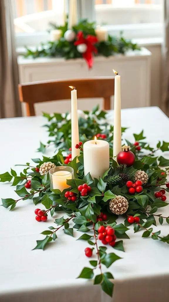 31+ Creative Christmas Centerpieces for Your Holiday Table 15 A festive table centerpiece featuring holly and ivy with candles and ornaments.