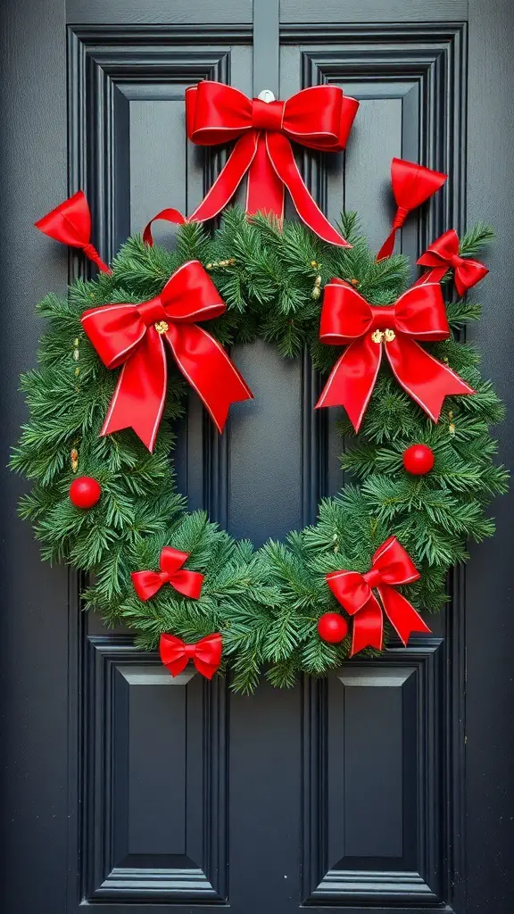 A green wreath adorned with red bows and ornaments, hanging on a black door.