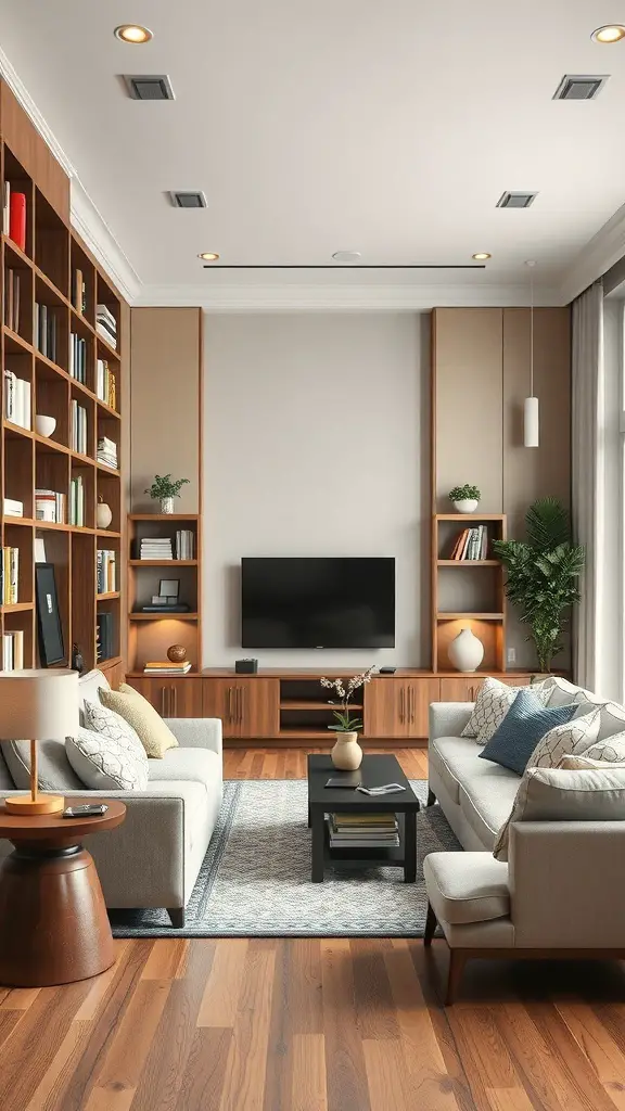 Modern living room with built-in shelves, cozy sofas, and warm wood tones