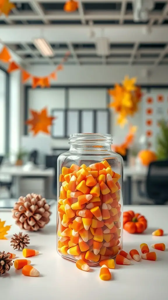 21+ Creative Office Candy Jar Ideas to Sweeten Your Workspace 15 A glass jar filled with candy corn, surrounded by autumn decorations like pumpkins and pinecones in an office setting.