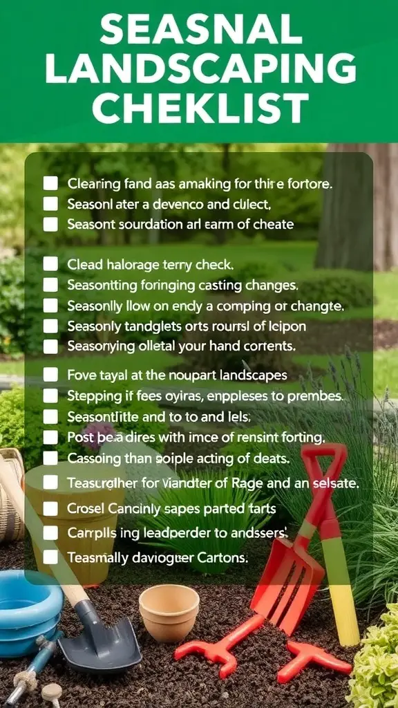 A seasonal landscape maintenance checklist with gardening tools and colorful flowers.