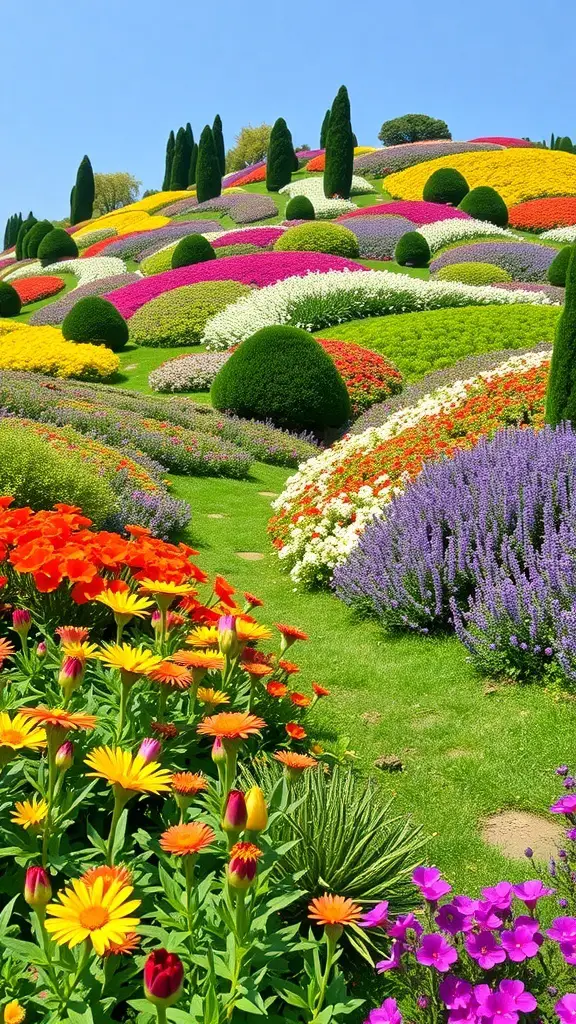 25+ Inspiring Hill Garden Ideas You Need to Try 21 A colorful hill garden filled with various flowers in vibrant shades.
