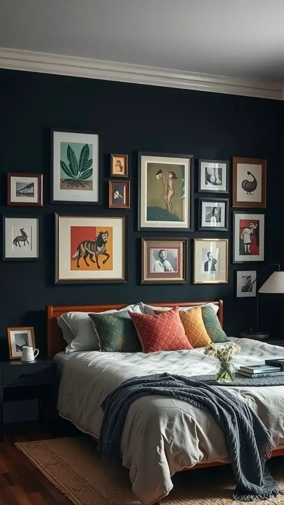 A dark boho bedroom featuring an eclectic art display on the wall with various framed artworks.