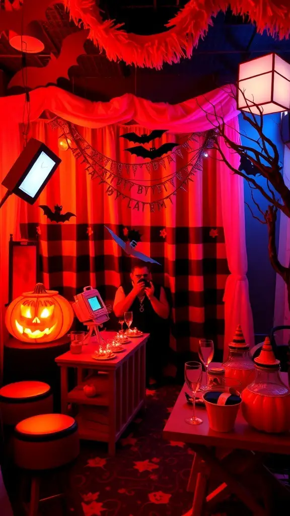 19+ Exciting Halloween Carnival Games for Spooktacular Fun 10 A Halloween-themed photo booth with a glowing pumpkin, colorful lights, and spooky decorations.