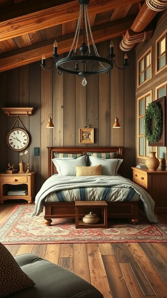 A rustic bedroom featuring brown wooden walls, a cozy bed with soft bedding, and warm lighting.
