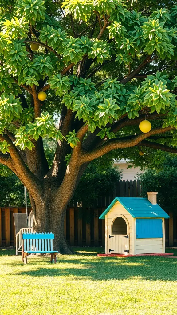 A large tree with a playhouse and a bench in a grassy area, ideal for children.