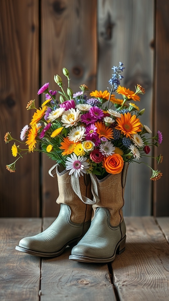 25+ Creative Cowboy Boot Centerpieces for Your Next Event 11 A pair of cowboy boots filled with colorful flowers, set against a wooden background.
