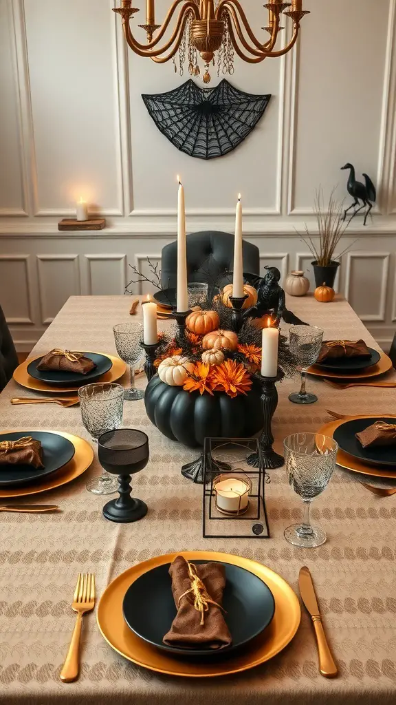 A black and gold Halloween table setting with pumpkins, flowers, and candles.