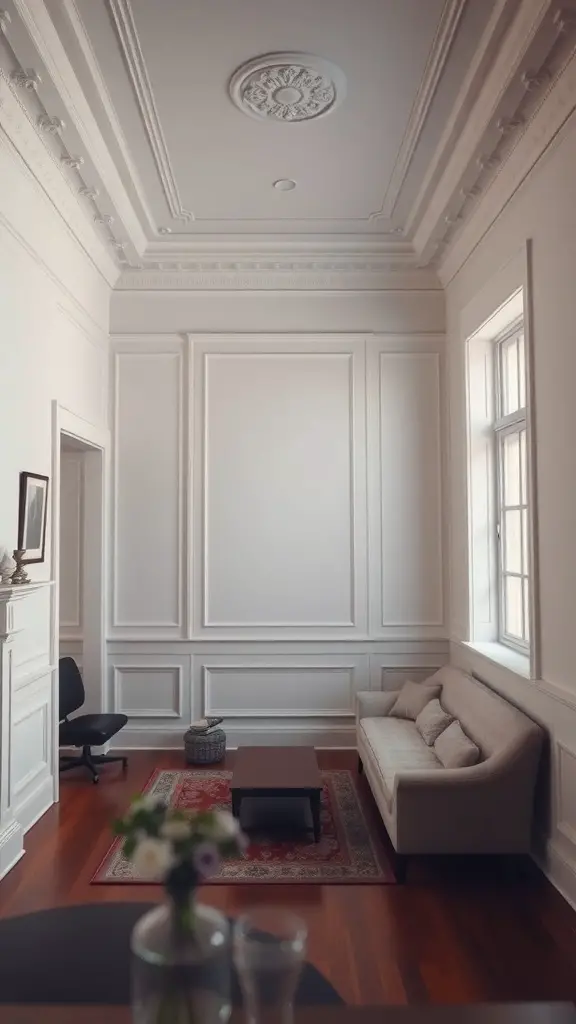 A sophisticated living room featuring high ceilings, intricate moldings, and a minimalist design.