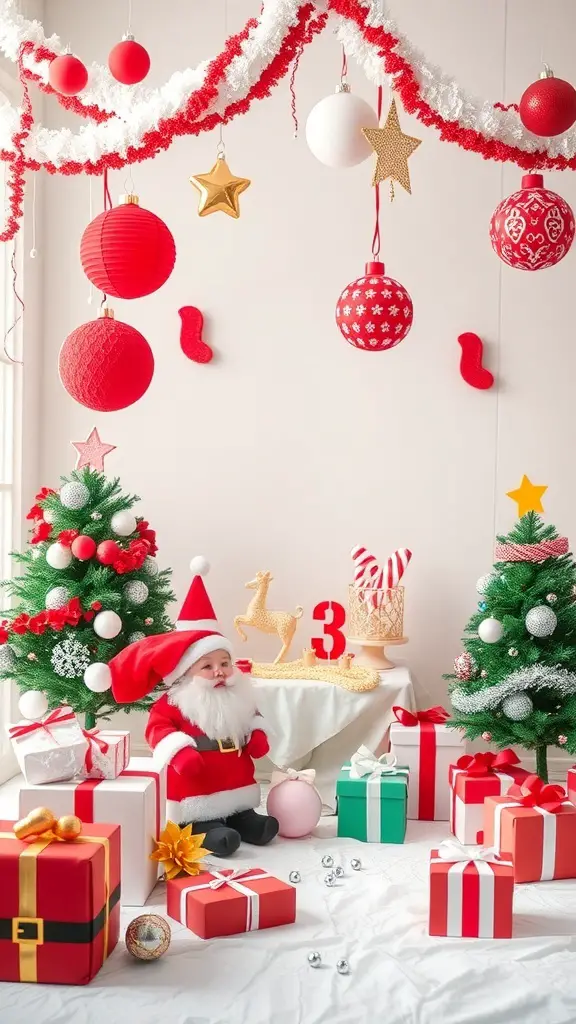 A festive Santa Baby themed baby shower setup with decorations, gifts, and a Santa figure.