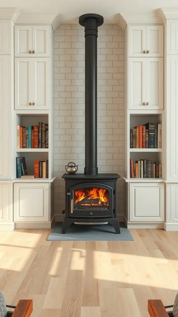 29+ Stunning Wood Stove Fireplace Surround Ideas to Warm Up Your Home 5 A cozy wood stove fireplace with custom built-in shelving on either side, displaying books and decorative items.