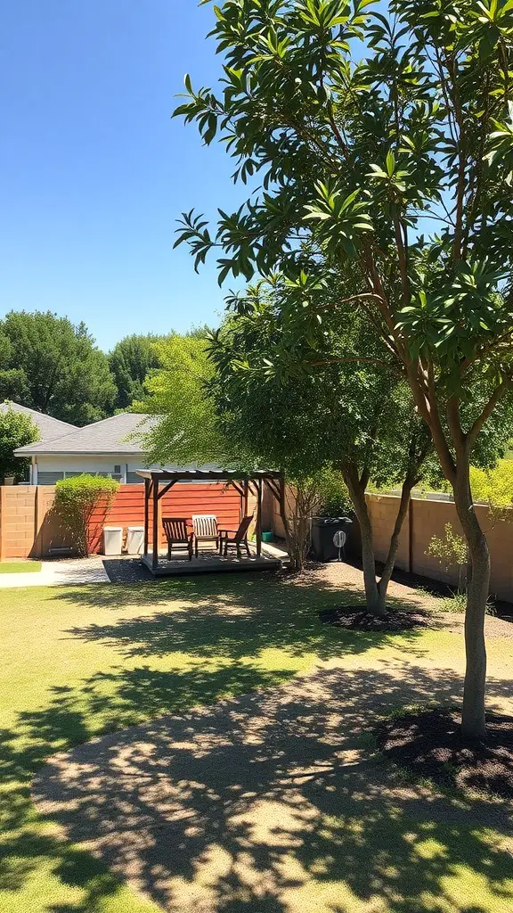 A backyard with a gazebo and trees providing shade.