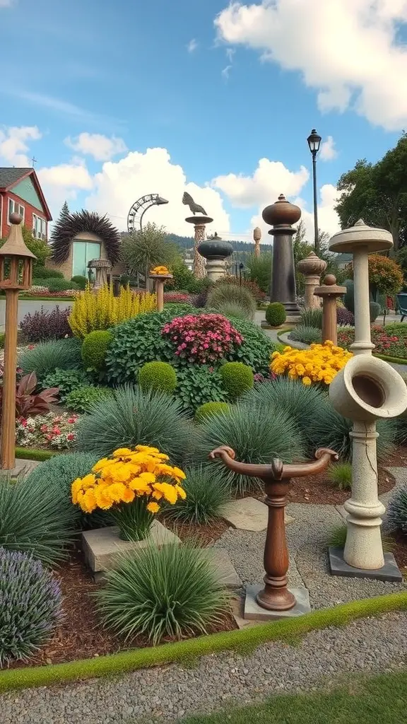 25+ Inspiring Hill Garden Ideas You Need to Try 19 A colorful hill garden featuring various sculptures, flowers, and greenery.