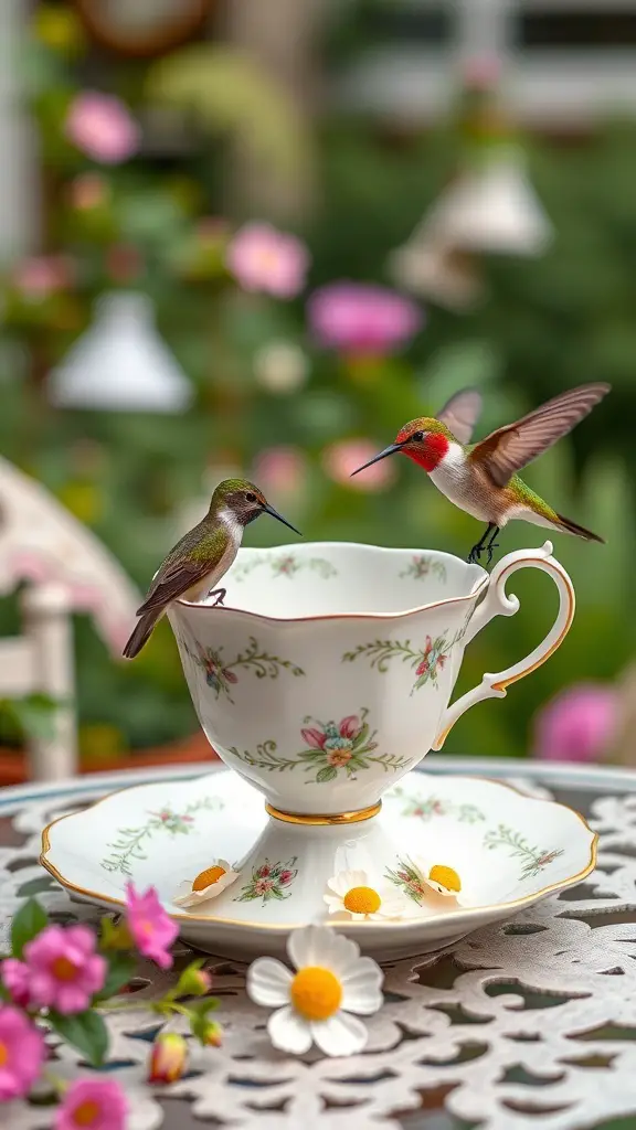 A teacup and saucer feeder with hummingbirds