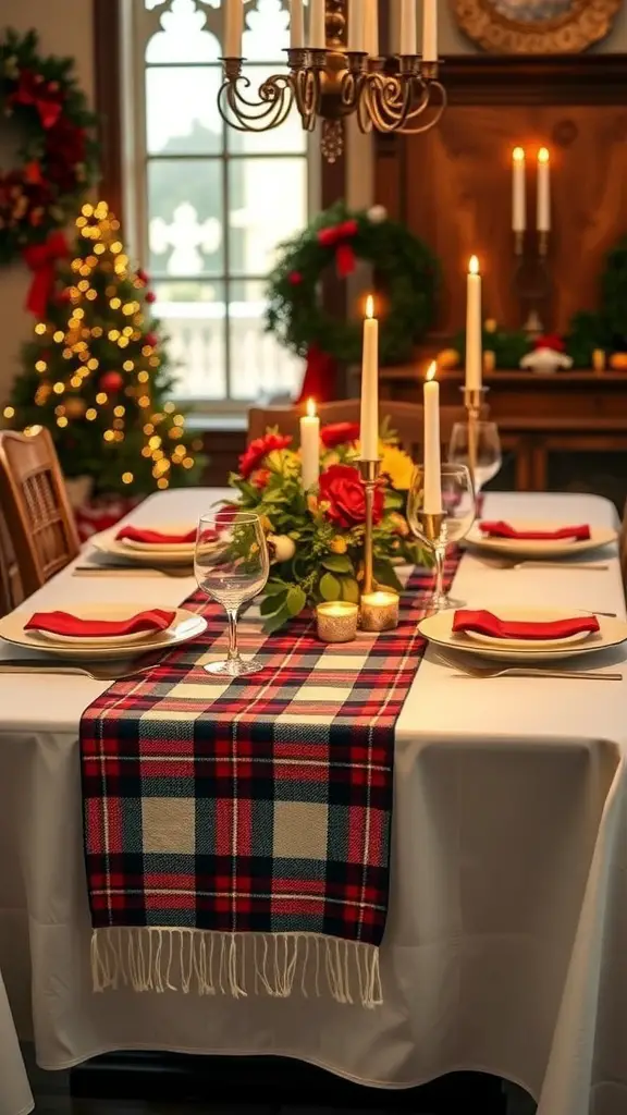 27+ Stylish Ralph Lauren Christmas Decor Pieces You Need This Holiday Season 4 A beautifully set dining table with a plaid table runner, candles, and holiday decorations.