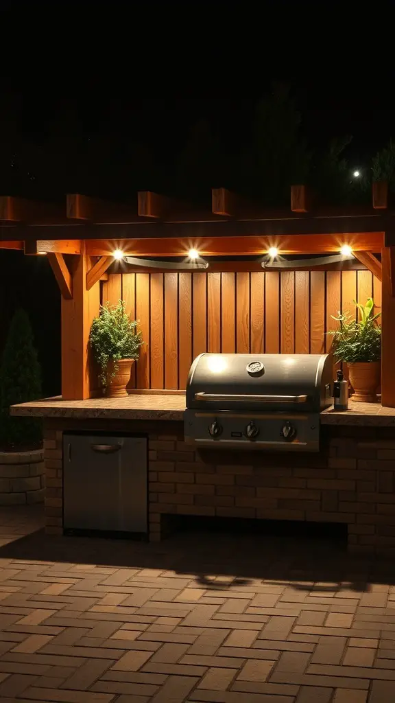27+ Must-Have Items for the Ultimate Outdoor Grill Station 10 An outdoor grill station illuminated with soft lighting, showcasing a cozy evening grilling setup.