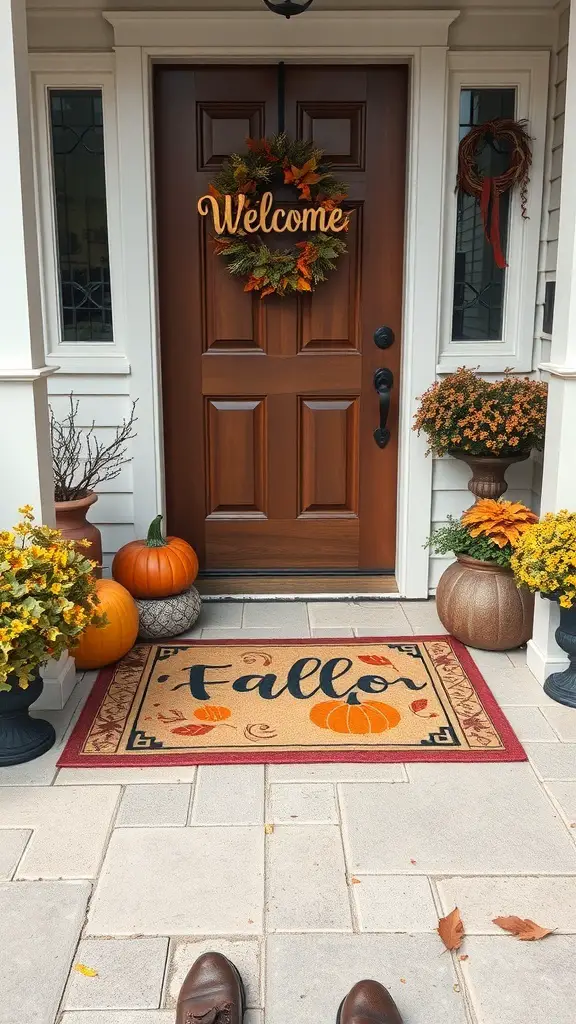 37+ Creative Indoor Fall Decorations You’ll Love 8 A welcoming front door with a seasonal doormat that says 'Fall', surrounded by pumpkins and autumn plants.