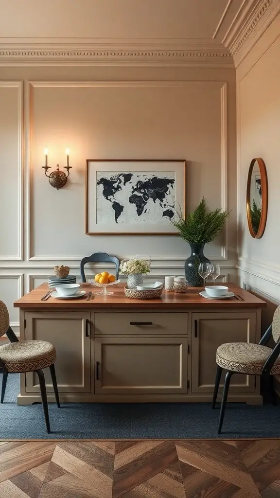 A stylish buffet table in a dining room, featuring a wooden top, decorative items, and elegant storage.