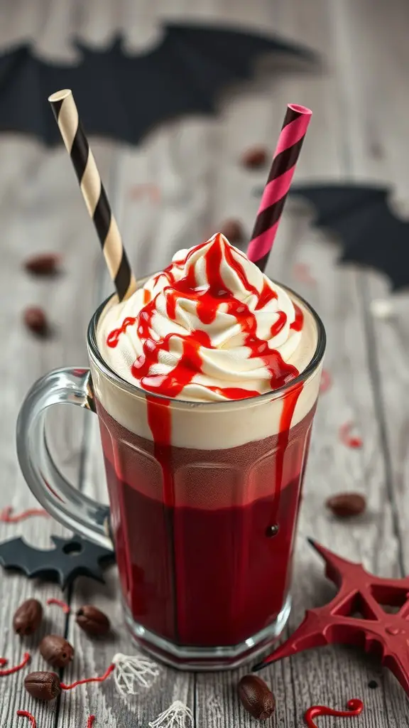 23+ Spooktacular Halloween Coffee Bar Ideas for a Festive Fall Celebration 3 A glass of Vampire Blood Red Velvet Mocha topped with whipped cream and red syrup, with Halloween decorations in the background.