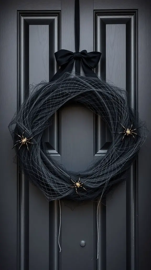 A black spider web wreath with golden spiders and a black bow, hanging on a dark door.