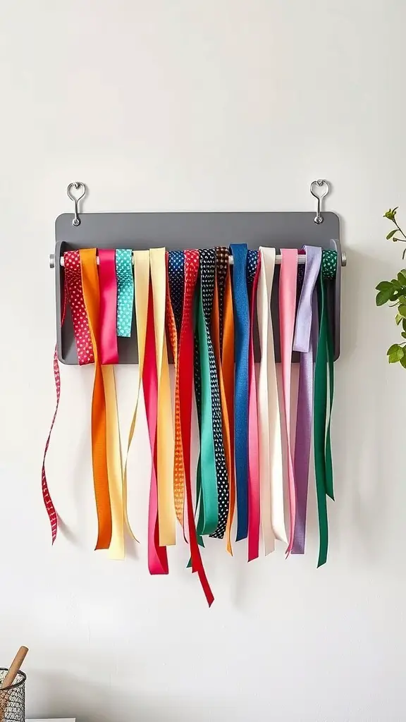 Colorful ribbons displayed on a wall-mounted holder