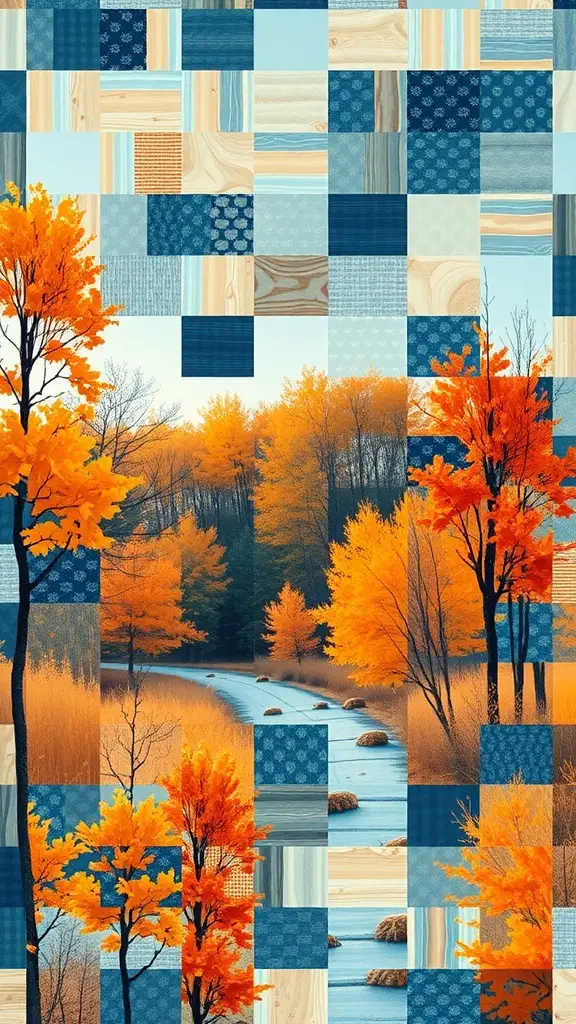A patchwork quilt design featuring autumn colors and a serene landscape.